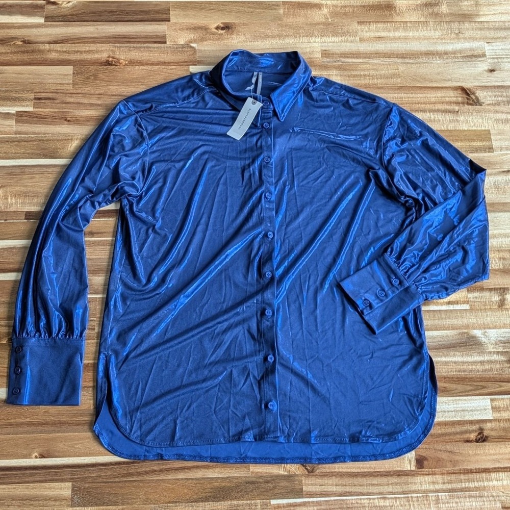 Anthropologie Blue Metallic Button Down Shirt Long Sleeve Blouse New‎ Small